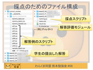 わんくま同盟 熊本勉強会 #06
採点のためのファイル構成
←↑同じディレクトリ
採点スクリプト
解答評価モジュール
解答例のスクリプト
学生の提出した解答
 