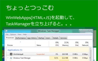 ちょっとつっこむ
WinWebApps(HTML+JS)を起動して、	
  
TaskManagerを⽴立立ち上げると。。。	
  
 