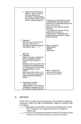 b. Pagsusuring Pandamdamin
Matapos, ninyong malaman
ang mga tradisyunal na
paniniwala at pagpapahalaga
ng mga Pilipino, paano naman
natin ito mapapahalagahan?
4. Paglalahat
Mga bata, ano ano na nga muli
ang mga Tradisyunal na
Paniniwala at Pagpapahalaga ng
mga Pilipino? Ikaw _____?
Mahusay!
5. Paglalapat
Ngayon mga bata, magkakaroon
tayo ng pangkatang gawain.
Hahatiin ko kayo sa apat na
grupo.
Isasadula ninyo kung paano ninyo
maipapakita ang pagpapahalaga
sa mga tradisyunal na paniniwala
at pagpapahalaga ng mga
Pilipino.
Ngunit bago natin simulan, ano
nga ba ang dapat nating tandaan
kapag mayroong pangkatang
gawain?
6. Pangwakas na Gawain
“ Mga Tradisyunal na
Pagpapahalaga at Paniniwala ay
pahalagahan sapagkat ang mga
ito ay salamin ng ating katauhan.”
-Pagsulong ng mga programa upang
mapangalagaan ang ating kalikasan
katulad po ng Sustainable Development
Plan at Clean Air Act.
-Igalang po ang karapatan n gating
kapwa tao.
--hindi pagpuputol ng puno at kung
puputol man ay palitan ito.
-Pagdiriwang po, pagsasapuso at
pagsasabuhay ng kalayaan n gating
bansang Pilipinas.
Ma’am, makadiyos.
-Makakalikasan
-Makatao
-Makabansa
Ma’am, magkaisa po.
-Sumunod pos a panuto.
-Gumawa po ng tahimik.
IV. PAGTATAYA
Panuto: Suriin at unawain ang mga pangungusap. Isulat sa patlang ang MD kung
nagpapakita ito Maka Diyos, MK kung Makakalikasan, MB kung makabansa at MT
kung Makatao.
_____1. Nagsasagawa ang mga Pilipino ng mga ritwal at pagsasakripisyo upang
sila ay mabiyayaan ng masaganang kabuhayan at mailigtas sa
kapahamakan.
_____2. Isnusulong ang programang Sustainable Development Plan dahl ang likas
na yaman ay hindi dapat maubos para sa susunod na salinlahi.
 