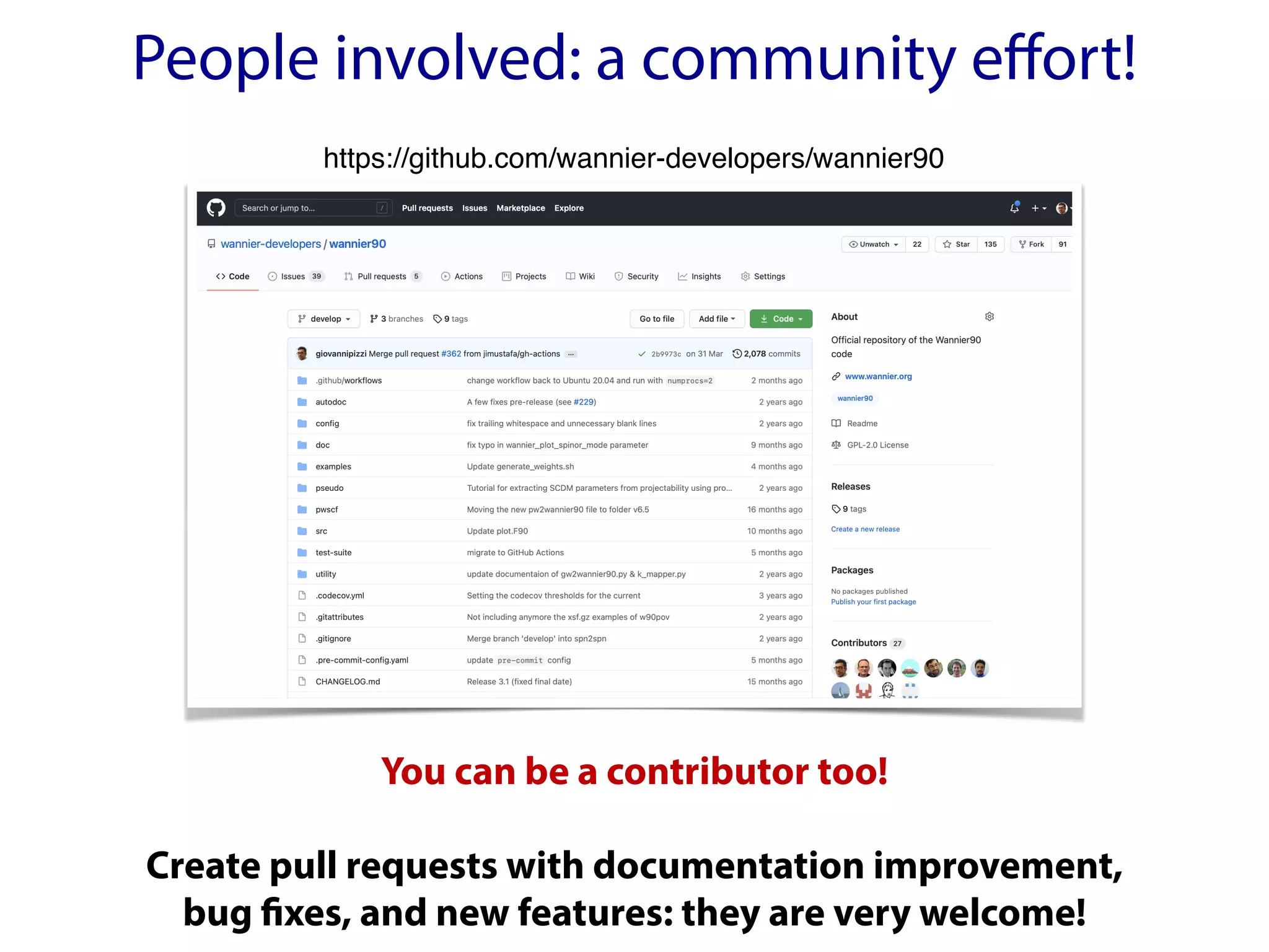 People involved: a community effort!
You can be a contributor too!
Create pull requests with documentation improvement,
bug fixes, and new features: they are very welcome!
https://github.com/wannier-developers/wannier90
 