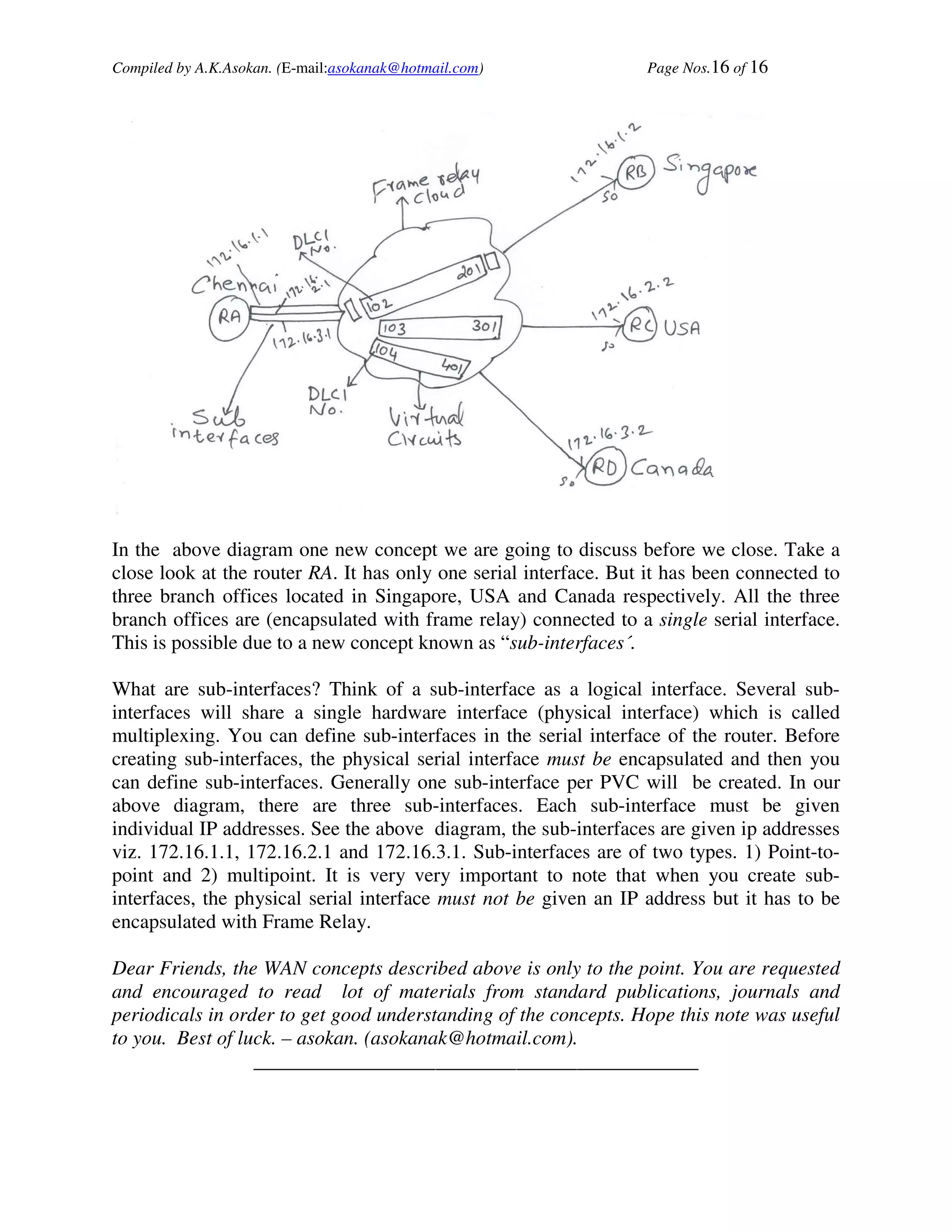 Compiled by A.K.Asokan. (E-mail:asokanak@hotmail.com)             Page Nos.16 of 16




In the above diagram one new concept we are going to discuss before we close. Take a
close look at the router RA. It has only one serial interface. But it has been connected to
three branch offices located in Singapore, USA and Canada respectively. All the three
branch offices are (encapsulated with frame relay) connected to a single serial interface.
This is possible due to a new concept known as “sub-interfaces´.

What are sub-interfaces? Think of a sub-interface as a logical interface. Several sub-
interfaces will share a single hardware interface (physical interface) which is called
multiplexing. You can define sub-interfaces in the serial interface of the router. Before
creating sub-interfaces, the physical serial interface must be encapsulated and then you
can define sub-interfaces. Generally one sub-interface per PVC will be created. In our
above diagram, there are three sub-interfaces. Each sub-interface must be given
individual IP addresses. See the above diagram, the sub-interfaces are given ip addresses
viz. 172.16.1.1, 172.16.2.1 and 172.16.3.1. Sub-interfaces are of two types. 1) Point-to-
point and 2) multipoint. It is very very important to note that when you create sub-
interfaces, the physical serial interface must not be given an IP address but it has to be
encapsulated with Frame Relay.

Dear Friends, the WAN concepts described above is only to the point. You are requested
and encouraged to read lot of materials from standard publications, journals and
periodicals in order to get good understanding of the concepts. Hope this note was useful
to you. Best of luck. – asokan. (asokanak@hotmail.com).
                  ____________________________________________
 
