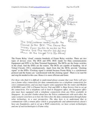 Compiled by A.K.Asokan. (E-mail:asokanak@hotmail.com)             Page Nos.13 of 16




The Frame Relay ‘cloud’ contains hundreds of Frame Relay switches. There are two
types of devices exist. The DCE and DTE. DCE stands for Data communications
Equipment and DTE is for Data Terminal Equipment. The DCEs are the frame switches
in the cloud. And the DTEs are the routers. The DCEs are capable of handling lot of
Virtual Circuits (VCs) simultaneously. Apart from that the DCEs provide “clocking
signal” to the DTEs. Clocking signal is needed because Frame Relay is a synchronous
protocol and the frames are ‘synchronized with the clocking signal’. There is no start bit
and stop bit needed in this case. Hence it is more efficient and faster.

For those who find it is difficult to understand please assume that your Telco will give
you a frame relay connectivity for data communication (as a telephone connectivity for
voice communication), and you must require some equipment like the router and Modem
(CSU/DSU) unit. CSU is Channel Service Unit and DSU is Data Service Unit to set up
the connectivity. For a telephone call to land in Singapore office, the Singapore office
also must have equipped with a telephone connectivity from any Telco available in
Singapore. As you don’t bother about how the Telcos communicate with each other, the
same scenario exist here as to how the Telco does the data communication through frame
relay technology, in a user perspective. The idea here is to understand that to
communicate with a remote place which is geographically and administratively doesn’t
have any boundaries, and to set up a WAN connectivity, we have certain technologies
and one of such technologies is Frame relay.
 