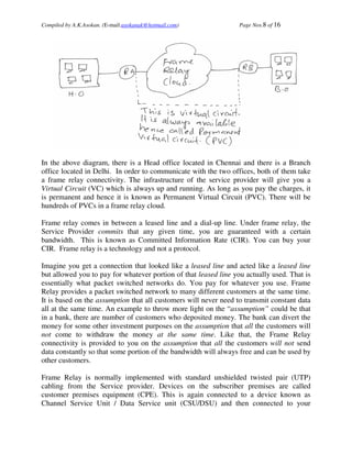 Compiled by A.K.Asokan. (E-mail:asokanak@hotmail.com)             Page Nos.8 of 16




In the above diagram, there is a Head office located in Chennai and there is a Branch
office located in Delhi. In order to communicate with the two offices, both of them take
a frame relay connectivity. The infrastructure of the service provider will give you a
Virtual Circuit (VC) which is always up and running. As long as you pay the charges, it
is permanent and hence it is known as Permanent Virtual Circuit (PVC). There will be
hundreds of PVCs in a frame relay cloud.

Frame relay comes in between a leased line and a dial-up line. Under frame relay, the
Service Provider commits that any given time, you are guaranteed with a certain
bandwidth. This is known as Committed Information Rate (CIR). You can buy your
CIR. Frame relay is a technology and not a protocol.

Imagine you get a connection that looked like a leased line and acted like a leased line
but allowed you to pay for whatever portion of that leased line you actually used. That is
essentially what packet switched networks do. You pay for whatever you use. Frame
Relay provides a packet switched network to many different customers at the same time.
It is based on the assumption that all customers will never need to transmit constant data
all at the same time. An example to throw more light on the “assumption” could be that
in a bank, there are number of customers who deposited money. The bank can divert the
money for some other investment purposes on the assumption that all the customers will
not come to withdraw the money at the same time. Like that, the Frame Relay
connectivity is provided to you on the assumption that all the customers will not send
data constantly so that some portion of the bandwidth will always free and can be used by
other customers.

Frame Relay is normally implemented with standard unshielded twisted pair (UTP)
cabling from the Service provider. Devices on the subscriber premises are called
customer premises equipment (CPE). This is again connected to a device known as
Channel Service Unit / Data Service unit (CSU/DSU) and then connected to your
 