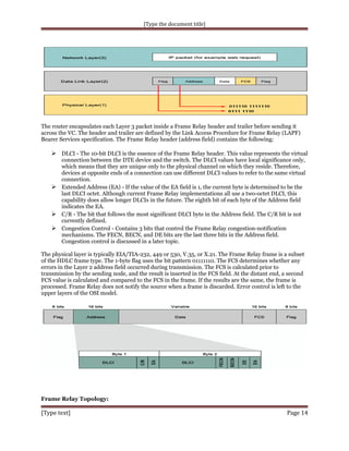 [Type the document title]

The router encapsulates each Layer 3 packet inside a Frame Relay header and trailer before sending it
across the VC. The header and trailer are defined by the Link Access Procedure for Frame Relay (LAPF)
Bearer Services specification. The Frame Relay header (address field) contains the following:

 DLCI - The 10-bit DLCI is the essence of the Frame Relay header. This value represents the virtual
connection between the DTE device and the switch. The DLCI values have local significance only,
which means that they are unique only to the physical channel on which they reside. Therefore,
devices at opposite ends of a connection can use different DLCI values to refer to the same virtual
connection.
 Extended Address (EA) - If the value of the EA field is 1, the current byte is determined to be the
last DLCI octet. Although current Frame Relay implementations all use a two-octet DLCI, this
capability does allow longer DLCIs in the future. The eighth bit of each byte of the Address field
indicates the EA.
 C/R - The bit that follows the most significant DLCI byte in the Address field. The C/R bit is not
currently defined.
 Congestion Control - Contains 3 bits that control the Frame Relay congestion-notification
mechanisms. The FECN, BECN, and DE bits are the last three bits in the Address field.
Congestion control is discussed in a later topic.
The physical layer is typically EIA/TIA-232, 449 or 530, V.35, or X.21. The Frame Relay frame is a subset
of the HDLC frame type. The 1-byte flag uses the bit pattern 01111110. The FCS determines whether any
errors in the Layer 2 address field occurred during transmission. The FCS is calculated prior to
transmission by the sending node, and the result is inserted in the FCS field. At the distant end, a second
FCS value is calculated and compared to the FCS in the frame. If the results are the same, the frame is
processed. Frame Relay does not notify the source when a frame is discarded. Error control is left to the
upper layers of the OSI model.

Frame Relay Topology:

[Type text]

Page 14

 