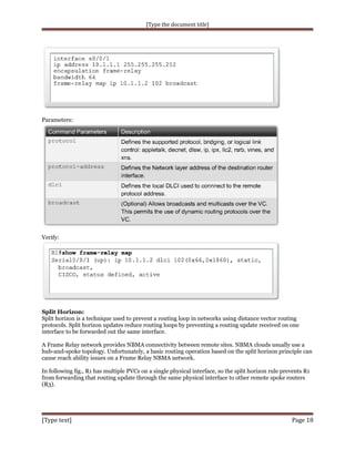 [Type the document title]

Parameters:

Verify:

Split Horizon:
Split horizon is a technique used to prevent a routing loop in networks using distance vector routing
protocols. Split horizon updates reduce routing loops by preventing a routing update received on one
interface to be forwarded out the same interface.
A Frame Relay network provides NBMA connectivity between remote sites. NBMA clouds usually use a
hub-and-spoke topology. Unfortunately, a basic routing operation based on the split horizon principle can
cause reach ability issues on a Frame Relay NBMA network.
In following fig., R1 has multiple PVCs on a single physical interface, so the split horizon rule prevents R1
from forwarding that routing update through the same physical interface to other remote spoke routers
(R3).

[Type text]

Page 18

 