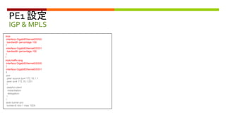 PE1 設定
IGP & MPLS
rsvp
interface GigabitEthernet0/0/0/0
bandwidth percentage 100
!
interface GigabitEthernet0/0/0/1
bandwidth percentage 100
!
!
mpls traffic-eng
interface GigabitEthernet0/0/0/0
!
interface GigabitEthernet0/0/0/1
!
pce
peer source ipv4 172.16.1.1
peer ipv4 172.16.1.251
!
stateful-client
instantiation
delegation
!
!
auto-tunnel pcc
tunnel-id min 1 max 1024
 