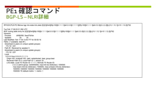 PE1 確認コマンド
BGP-LS – NLRI詳細
RP/0/0/CPU0:PE1#show bgp link-state link-state [E][O][I0x0][N[c100][b1.1.1.1][a0.0.0.0][r1.1.1.1]][R[c100][b1.1.1.1][a0.0.0.0][r2.2.2.2]][L[i10.1.12.1][n10.1.12.2]]/792
Tue Feb 17 06:03:21.359 UTC
BGP routing table entry for [E][O][I0x0][N[c100][b1.1.1.1][a0.0.0.0][r1.1.1.1]][R[c100][b1.1.1.1][a0.0.0.0][r2.2.2.2]][L[i10.1.12.1][n10.1.12.2]]/792
Versions:
Process bRIB/RIB SendTblVer
Speaker 33 33
Last Modified: Feb 17 05:13:04.777 for 00:50:16
Paths: (1 available, best #1)
Advertised to peers (in unique update groups):
172.16.1.251
Path #1: Received by speaker 0
Advertised to peers (in unique update groups):
172.16.1.251
Local
0.0.0.0 from 0.0.0.0 (1.1.1.1)
Origin IGP, localpref 100, valid, redistributed, best, group-best
Received Path ID 0, Local Path ID 1, version 33
Link-state: Local TE Router-ID: 1.1.1.1, Remote TE Router-ID:
2.2.2.2 admin-group: 0x00000000, max-link-bw (kbits/sec): 1000000
max-reserv-link-bw (kbits/sec): 1000000, max-unreserv-link-bw (kbits/sec):
1000000 1000000 1000000 1000000 1000000 1000000 1000000
1000000 TE-default-metric: 1, metric: 1
 