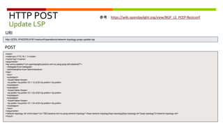HTTP POST
Update LSP
<input>
<node>pcc://172.16.1.1</node>
<name>lsp1</name>
<arguments>
<lsp xmlns:stateful="urn:opendaylight:params:xml:ns:yang:pcep:ietf:stateful07">
<delegate>true</delegate>
<administrative>true</administrative>
</lsp>
<ero>
<subobject>
<loose>false</loose>
<ip-prefix><ip-prefix>10.1.12.2/32</ip-prefix></ip-prefix>
</subobject>
<subobject>
<loose>false</loose>
<ip-prefix><ip-prefix>10.1.23.3/32</ip-prefix></ip-prefix>
</subobject>
<subobject>
<loose>false</loose>
<ip-prefix><ip-prefix>10.1.34.4/32</ip-prefix></ip-prefix>
</subobject>
</ero>
</arguments>
<network-topology-ref xmlns:topo="urn:TBD:params:xml:ns:yang:network-topology">/topo:network-topology/topo:topology[topo:topology-id="pcep-topology"]</network-topology-ref>
</input>
POST
URI
http://{ODL-IPADDR}:8181/restconf/operations/network-topology-pcep:update-lsp
参考：https://wiki.opendaylight.org/view/BGP_LS_PCEP:Restconf
 