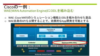 Ciscoの一例：
WAE(WAN Automation Engine)にODLを組み込む
o WAE: Cisco MATEのシミュレーション機能とODLを組み合わせた製品
o WAE自身のAPIも公開することで、効果的なApp開発を可能とする
 