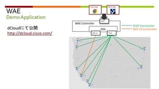 PCEP Connection
BGP-LS Connection
WAE Controller
REST
MATE AppClient App
ODL
BGP-LS PCEP
dCloudにて公開
http://dcloud.cisco.com/
WAE
Demo Application
 