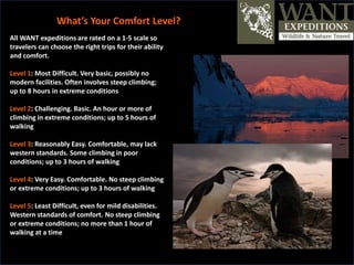 All WANT expeditions are rated on a 1-5 scale so
travelers can choose the right trips for their ability
and comfort.
Level 1: Most Difficult. Very basic, possibly no
modern facilities. Often involves steep climbing;
up to 8 hours in extreme conditions
Level 2: Challenging. Basic. An hour or more of
climbing in extreme conditions; up to 5 hours of
walking
Level 3: Reasonably Easy. Comfortable, may lack
western standards. Some climbing in poor
conditions; up to 3 hours of walking
Level 4: Very Easy. Comfortable. No steep climbing
or extreme conditions; up to 3 hours of walking
Level 5: Least Difficult, even for mild disabilities.
Western standards of comfort. No steep climbing
or extreme conditions; no more than 1 hour of
walking at a time
What’s Your Comfort Level?
 