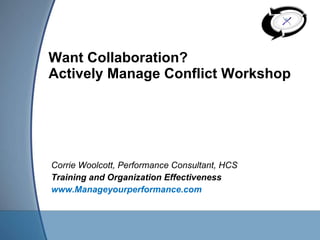 Want Collaboration? Actively Manage Conflict Workshop  Corrie Woolcott, Performance Consultant, HCS  Training and Organization Effectiveness www.Manageyourperformance.com 