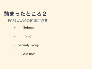 ecs-params
ECS AWS
• Subnet
• VPC
• SecurityGroup
• I AM Role
 