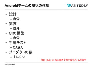 シゴトでココロオドル
• 設計
– 自分
• 実装
– 自分
• CIの構築
– 自分
• 手動テスト
– QAさん
• プロダクトの数
– 主に２つ
Androidチームの現状の体制
補足：Ruby on Railsはガチガチにテストしてます
 