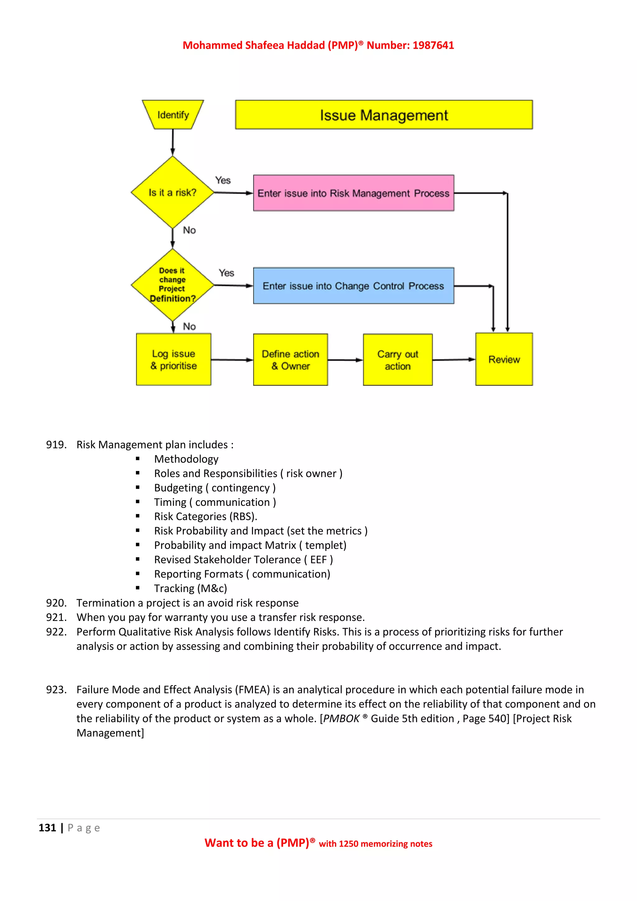 Mohammed Shafeea Haddad (PMP)® Number: 1987641
131 | P a g e
Want to be a (PMP)® with 1250 memorizing notes
919. Risk Management plan includes :
 Methodology
 Roles and Responsibilities ( risk owner )
 Budgeting ( contingency )
 Timing ( communication )
 Risk Categories (RBS).
 Risk Probability and Impact (set the metrics )
 Probability and impact Matrix ( templet)
 Revised Stakeholder Tolerance ( EEF )
 Reporting Formats ( communication)
 Tracking (M&c)
920. Termination a project is an avoid risk response
921. When you pay for warranty you use a transfer risk response.
922. Perform Qualitative Risk Analysis follows Identify Risks. This is a process of prioritizing risks for further
analysis or action by assessing and combining their probability of occurrence and impact.
923. Failure Mode and Effect Analysis (FMEA) is an analytical procedure in which each potential failure mode in
every component of a product is analyzed to determine its effect on the reliability of that component and on
the reliability of the product or system as a whole. [PMBOK ® Guide 5th edition , Page 540] [Project Risk
Management]
 