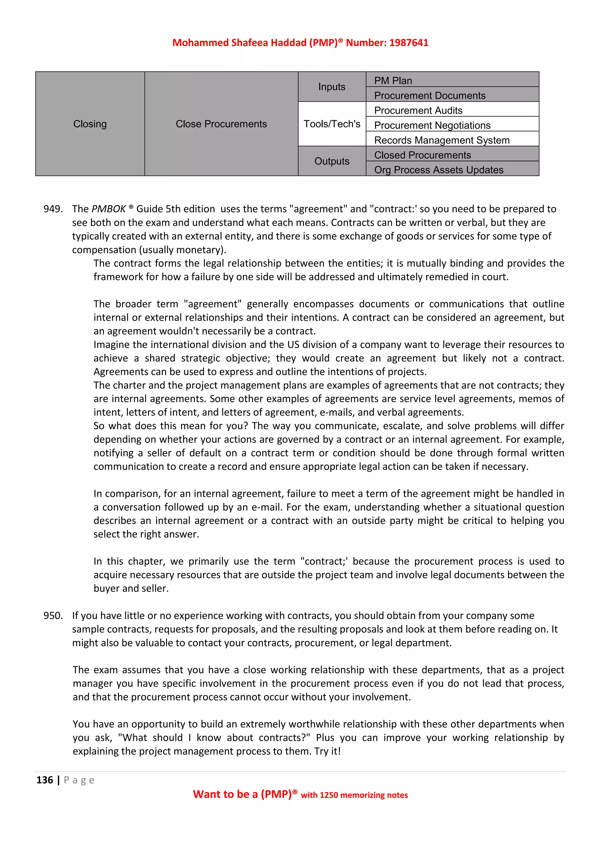 Mohammed Shafeea Haddad (PMP)® Number: 1987641
136 | P a g e
Want to be a (PMP)® with 1250 memorizing notes
Closing Close Procurements
Inputs
PM Plan
Procurement Documents
Tools/Tech's
Procurement Audits
Procurement Negotiations
Records Management System
Outputs
Closed Procurements
Org Process Assets Updates
949. The PMBOK ® Guide 5th edition uses the terms "agreement" and "contract:' so you need to be prepared to
see both on the exam and understand what each means. Contracts can be written or verbal, but they are
typically created with an external entity, and there is some exchange of goods or services for some type of
compensation (usually monetary).
The contract forms the legal relationship between the entities; it is mutually binding and provides the
framework for how a failure by one side will be addressed and ultimately remedied in court.
The broader term "agreement" generally encompasses documents or communications that outline
internal or external relationships and their intentions. A contract can be considered an agreement, but
an agreement wouldn't necessarily be a contract.
Imagine the international division and the US division of a company want to leverage their resources to
achieve a shared strategic objective; they would create an agreement but likely not a contract.
Agreements can be used to express and outline the intentions of projects.
The charter and the project management plans are examples of agreements that are not contracts; they
are internal agreements. Some other examples of agreements are service level agreements, memos of
intent, letters of intent, and letters of agreement, e-mails, and verbal agreements.
So what does this mean for you? The way you communicate, escalate, and solve problems will differ
depending on whether your actions are governed by a contract or an internal agreement. For example,
notifying a seller of default on a contract term or condition should be done through formal written
communication to create a record and ensure appropriate legal action can be taken if necessary.
In comparison, for an internal agreement, failure to meet a term of the agreement might be handled in
a conversation followed up by an e-mail. For the exam, understanding whether a situational question
describes an internal agreement or a contract with an outside party might be critical to helping you
select the right answer.
In this chapter, we primarily use the term "contract;' because the procurement process is used to
acquire necessary resources that are outside the project team and involve legal documents between the
buyer and seller.
950. If you have little or no experience working with contracts, you should obtain from your company some
sample contracts, requests for proposals, and the resulting proposals and look at them before reading on. It
might also be valuable to contact your contracts, procurement, or legal department.
The exam assumes that you have a close working relationship with these departments, that as a project
manager you have specific involvement in the procurement process even if you do not lead that process,
and that the procurement process cannot occur without your involvement.
You have an opportunity to build an extremely worthwhile relationship with these other departments when
you ask, "What should I know about contracts?" Plus you can improve your working relationship by
explaining the project management process to them. Try it!
 