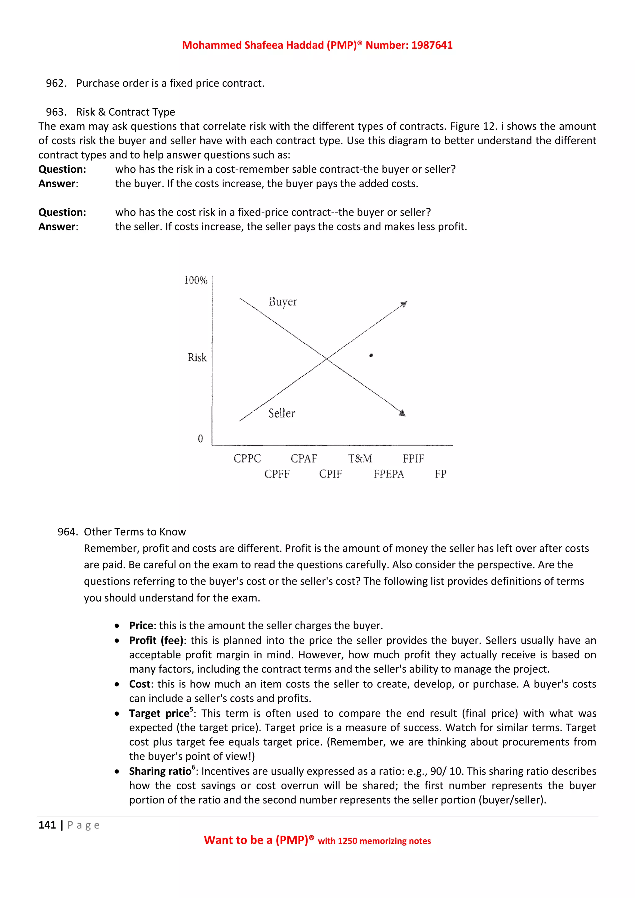 Mohammed Shafeea Haddad (PMP)® Number: 1987641
141 | P a g e
Want to be a (PMP)® with 1250 memorizing notes
962. Purchase order is a fixed price contract.
963. Risk & Contract Type
The exam may ask questions that correlate risk with the different types of contracts. Figure 12. i shows the amount
of costs risk the buyer and seller have with each contract type. Use this diagram to better understand the different
contract types and to help answer questions such as:
Question: who has the risk in a cost-remember sable contract-the buyer or seller?
Answer: the buyer. If the costs increase, the buyer pays the added costs.
Question: who has the cost risk in a fixed-price contract--the buyer or seller?
Answer: the seller. If costs increase, the seller pays the costs and makes less profit.
964. Other Terms to Know
Remember, profit and costs are different. Profit is the amount of money the seller has left over after costs
are paid. Be careful on the exam to read the questions carefully. Also consider the perspective. Are the
questions referring to the buyer's cost or the seller's cost? The following list provides definitions of terms
you should understand for the exam.
 Price: this is the amount the seller charges the buyer.
 Profit (fee): this is planned into the price the seller provides the buyer. Sellers usually have an
acceptable profit margin in mind. However, how much profit they actually receive is based on
many factors, including the contract terms and the seller's ability to manage the project.
 Cost: this is how much an item costs the seller to create, develop, or purchase. A buyer's costs
can include a seller's costs and profits.
 Target price5
: This term is often used to compare the end result (final price) with what was
expected (the target price). Target price is a measure of success. Watch for similar terms. Target
cost plus target fee equals target price. (Remember, we are thinking about procurements from
the buyer's point of view!)
 Sharing ratio6
: Incentives are usually expressed as a ratio: e.g., 90/ 10. This sharing ratio describes
how the cost savings or cost overrun will be shared; the first number represents the buyer
portion of the ratio and the second number represents the seller portion (buyer/seller).
 