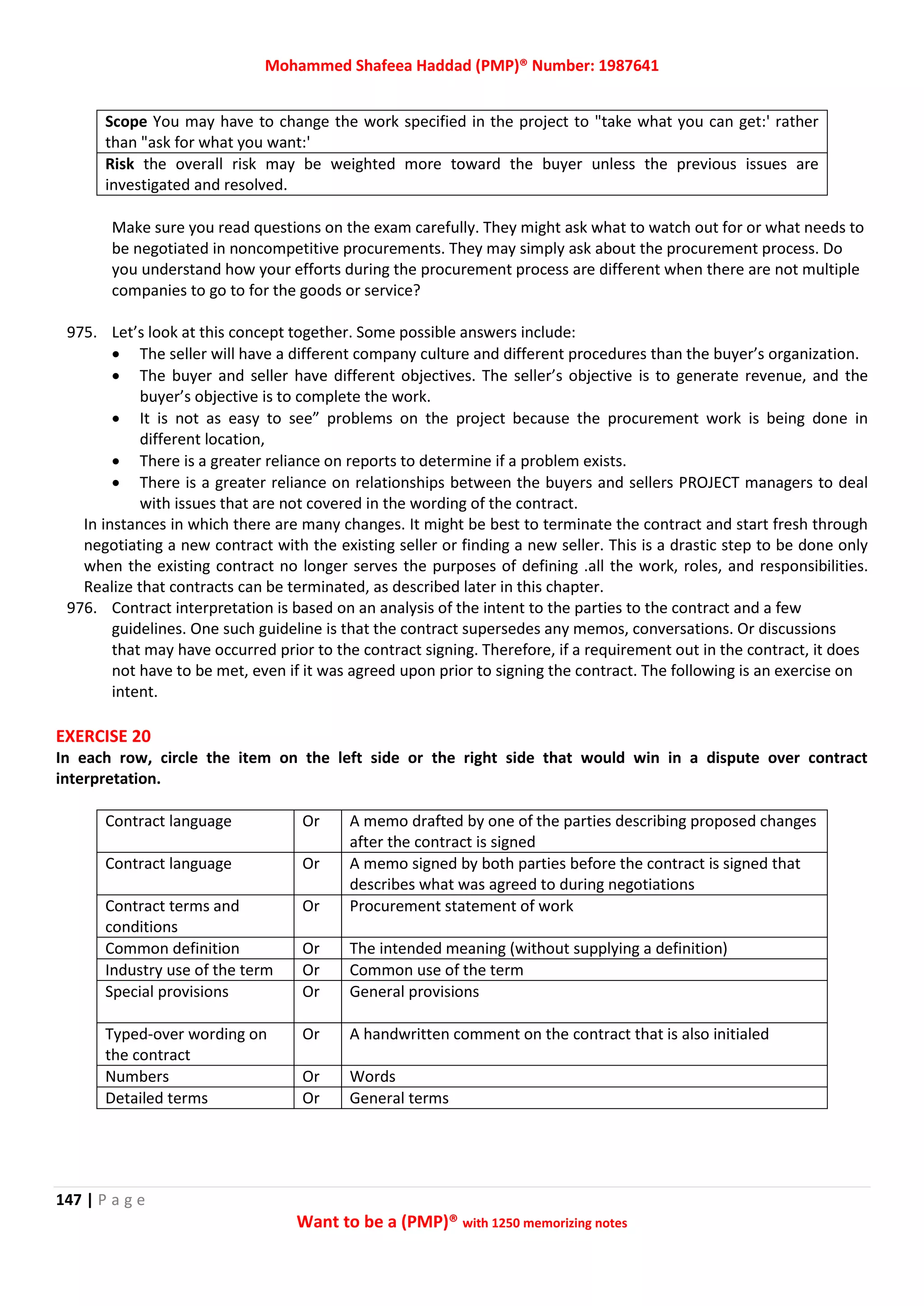 Mohammed Shafeea Haddad (PMP)® Number: 1987641
147 | P a g e
Want to be a (PMP)® with 1250 memorizing notes
Scope You may have to change the work specified in the project to "take what you can get:' rather
than "ask for what you want:'
Risk the overall risk may be weighted more toward the buyer unless the previous issues are
investigated and resolved.
Make sure you read questions on the exam carefully. They might ask what to watch out for or what needs to
be negotiated in noncompetitive procurements. They may simply ask about the procurement process. Do
you understand how your efforts during the procurement process are different when there are not multiple
companies to go to for the goods or service?
975. Let’s look at this concept together. Some possible answers include:
 The seller will have a different company culture and different procedures than the buyer’s organization.
 The buyer and seller have different objectives. The seller’s objective is to generate revenue, and the
buyer’s objective is to complete the work.
 It is not as easy to see” problems on the project because the procurement work is being done in
different location,
 There is a greater reliance on reports to determine if a problem exists.
 There is a greater reliance on relationships between the buyers and sellers PROJECT managers to deal
with issues that are not covered in the wording of the contract.
In instances in which there are many changes. It might be best to terminate the contract and start fresh through
negotiating a new contract with the existing seller or finding a new seller. This is a drastic step to be done only
when the existing contract no longer serves the purposes of defining .all the work, roles, and responsibilities.
Realize that contracts can be terminated, as described later in this chapter.
976. Contract interpretation is based on an analysis of the intent to the parties to the contract and a few
guidelines. One such guideline is that the contract supersedes any memos, conversations. Or discussions
that may have occurred prior to the contract signing. Therefore, if a requirement out in the contract, it does
not have to be met, even if it was agreed upon prior to signing the contract. The following is an exercise on
intent.
EXERCISE 20
In each row, circle the item on the left side or the right side that would win in a dispute over contract
interpretation.
Contract language Or A memo drafted by one of the parties describing proposed changes
after the contract is signed
Contract language Or A memo signed by both parties before the contract is signed that
describes what was agreed to during negotiations
Contract terms and
conditions
Or Procurement statement of work
Common definition Or The intended meaning (without supplying a definition)
Industry use of the term Or Common use of the term
Special provisions Or General provisions
Typed-over wording on
the contract
Or A handwritten comment on the contract that is also initialed
Numbers Or Words
Detailed terms Or General terms
 