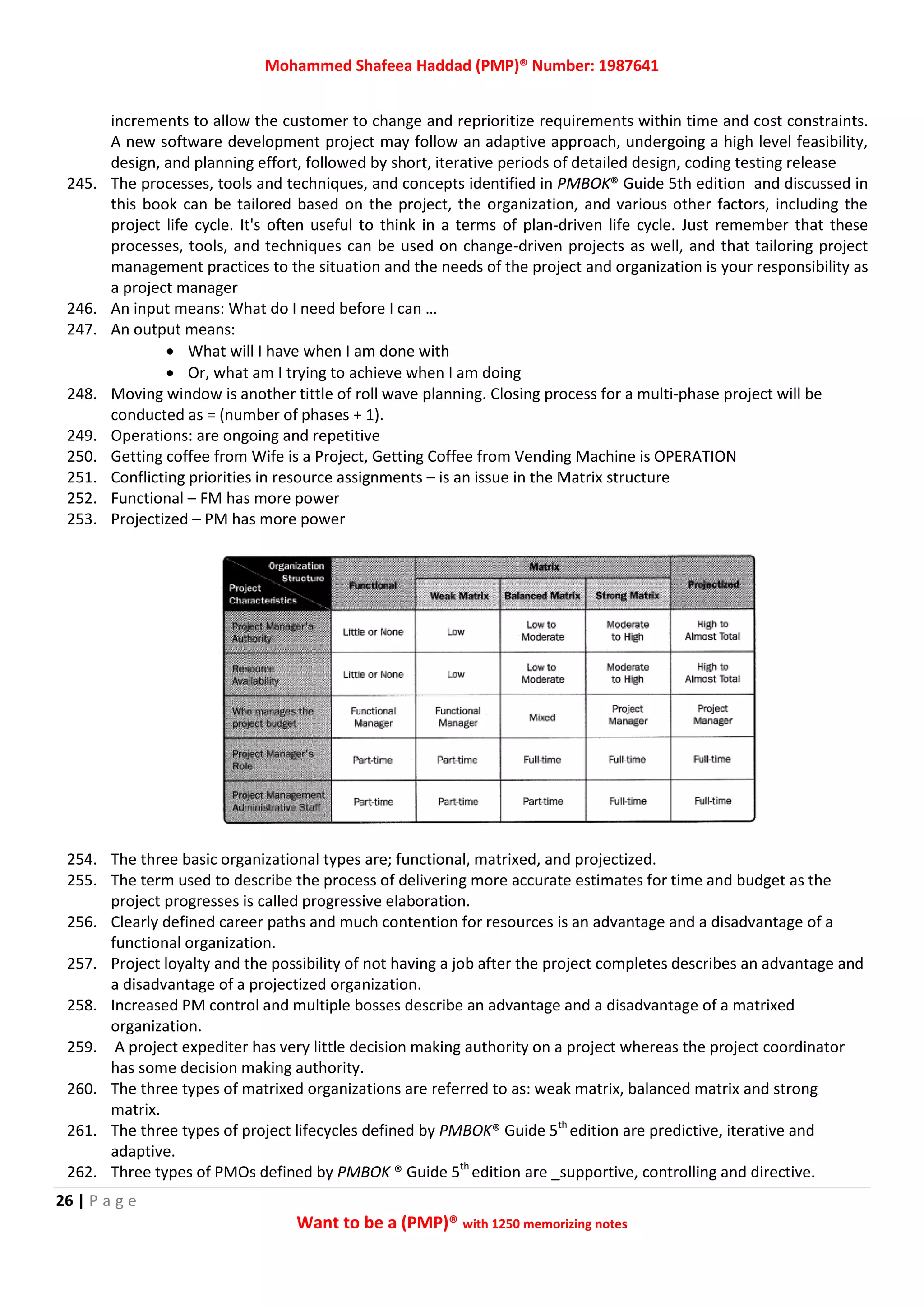 Mohammed Shafeea Haddad (PMP)® Number: 1987641
26 | P a g e
Want to be a (PMP)® with 1250 memorizing notes
increments to allow the customer to change and reprioritize requirements within time and cost constraints.
A new software development project may follow an adaptive approach, undergoing a high level feasibility,
design, and planning effort, followed by short, iterative periods of detailed design, coding testing release
245. The processes, tools and techniques, and concepts identified in PMBOK® Guide 5th edition and discussed in
this book can be tailored based on the project, the organization, and various other factors, including the
project life cycle. It's often useful to think in a terms of plan-driven life cycle. Just remember that these
processes, tools, and techniques can be used on change-driven projects as well, and that tailoring project
management practices to the situation and the needs of the project and organization is your responsibility as
a project manager
246. An input means: What do I need before I can …
247. An output means:
 What will I have when I am done with
 Or, what am I trying to achieve when I am doing
248. Moving window is another tittle of roll wave planning. Closing process for a multi-phase project will be
conducted as = (number of phases + 1).
249. Operations: are ongoing and repetitive
250. Getting coffee from Wife is a Project, Getting Coffee from Vending Machine is OPERATION
251. Conflicting priorities in resource assignments – is an issue in the Matrix structure
252. Functional – FM has more power
253. Projectized – PM has more power
254. The three basic organizational types are; functional, matrixed, and projectized.
255. The term used to describe the process of delivering more accurate estimates for time and budget as the
project progresses is called progressive elaboration.
256. Clearly defined career paths and much contention for resources is an advantage and a disadvantage of a
functional organization.
257. Project loyalty and the possibility of not having a job after the project completes describes an advantage and
a disadvantage of a projectized organization.
258. Increased PM control and multiple bosses describe an advantage and a disadvantage of a matrixed
organization.
259. A project expediter has very little decision making authority on a project whereas the project coordinator
has some decision making authority.
260. The three types of matrixed organizations are referred to as: weak matrix, balanced matrix and strong
matrix.
261. The three types of project lifecycles defined by PMBOK® Guide 5th
edition are predictive, iterative and
adaptive.
262. Three types of PMOs defined by PMBOK ® Guide 5th
edition are _supportive, controlling and directive.
 
