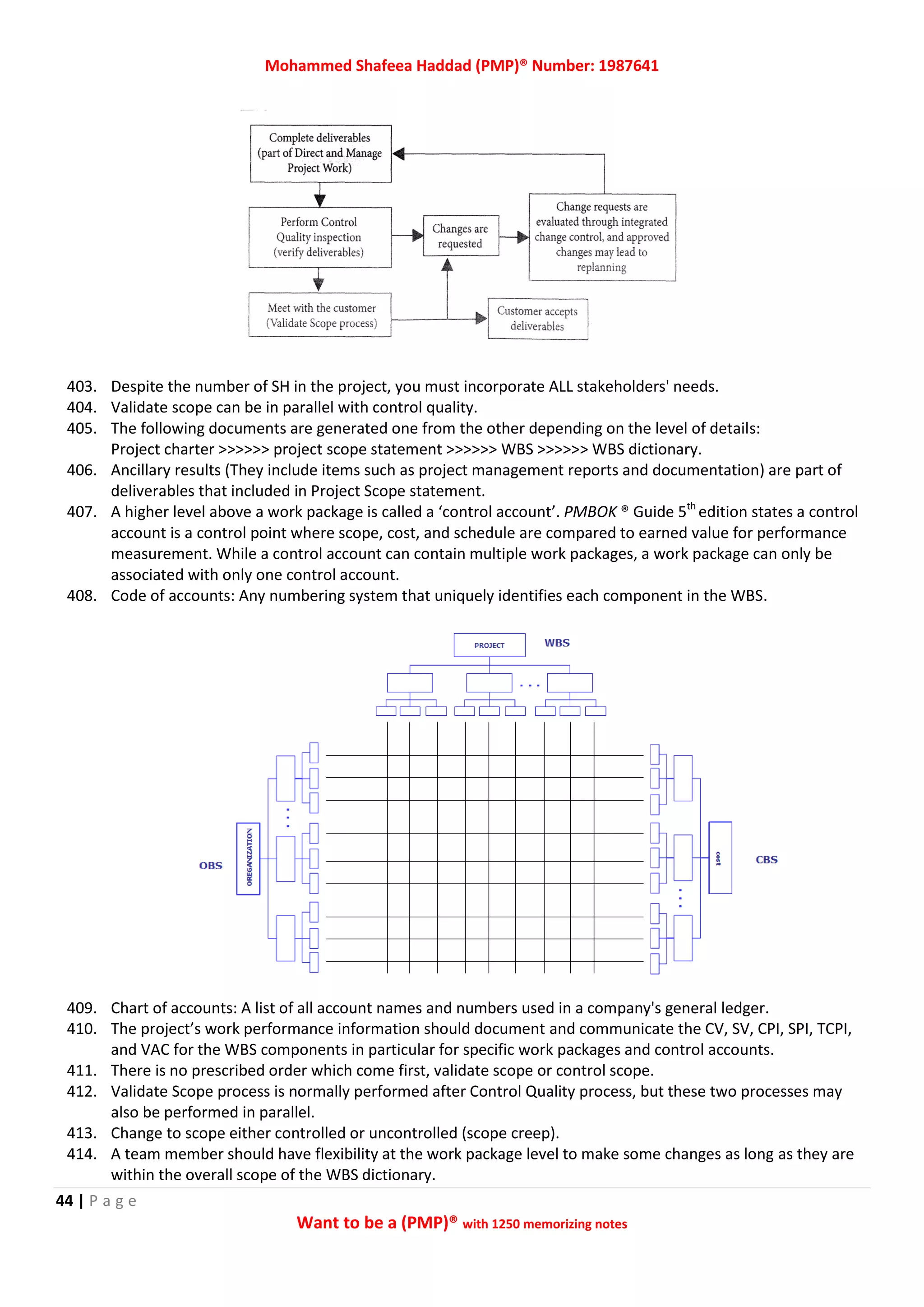Mohammed Shafeea Haddad (PMP)® Number: 1987641
44 | P a g e
Want to be a (PMP)® with 1250 memorizing notes
403. Despite the number of SH in the project, you must incorporate ALL stakeholders' needs.
404. Validate scope can be in parallel with control quality.
405. The following documents are generated one from the other depending on the level of details:
Project charter >>>>>> project scope statement >>>>>> WBS >>>>>> WBS dictionary.
406. Ancillary results (They include items such as project management reports and documentation) are part of
deliverables that included in Project Scope statement.
407. A higher level above a work package is called a ‘control account’. PMBOK ® Guide 5th
edition states a control
account is a control point where scope, cost, and schedule are compared to earned value for performance
measurement. While a control account can contain multiple work packages, a work package can only be
associated with only one control account.
408. Code of accounts: Any numbering system that uniquely identifies each component in the WBS.
409. Chart of accounts: A list of all account names and numbers used in a company's general ledger.
410. The project’s work performance information should document and communicate the CV, SV, CPI, SPI, TCPI,
and VAC for the WBS components in particular for specific work packages and control accounts.
411. There is no prescribed order which come first, validate scope or control scope.
412. Validate Scope process is normally performed after Control Quality process, but these two processes may
also be performed in parallel.
413. Change to scope either controlled or uncontrolled (scope creep).
414. A team member should have flexibility at the work package level to make some changes as long as they are
within the overall scope of the WBS dictionary.
 