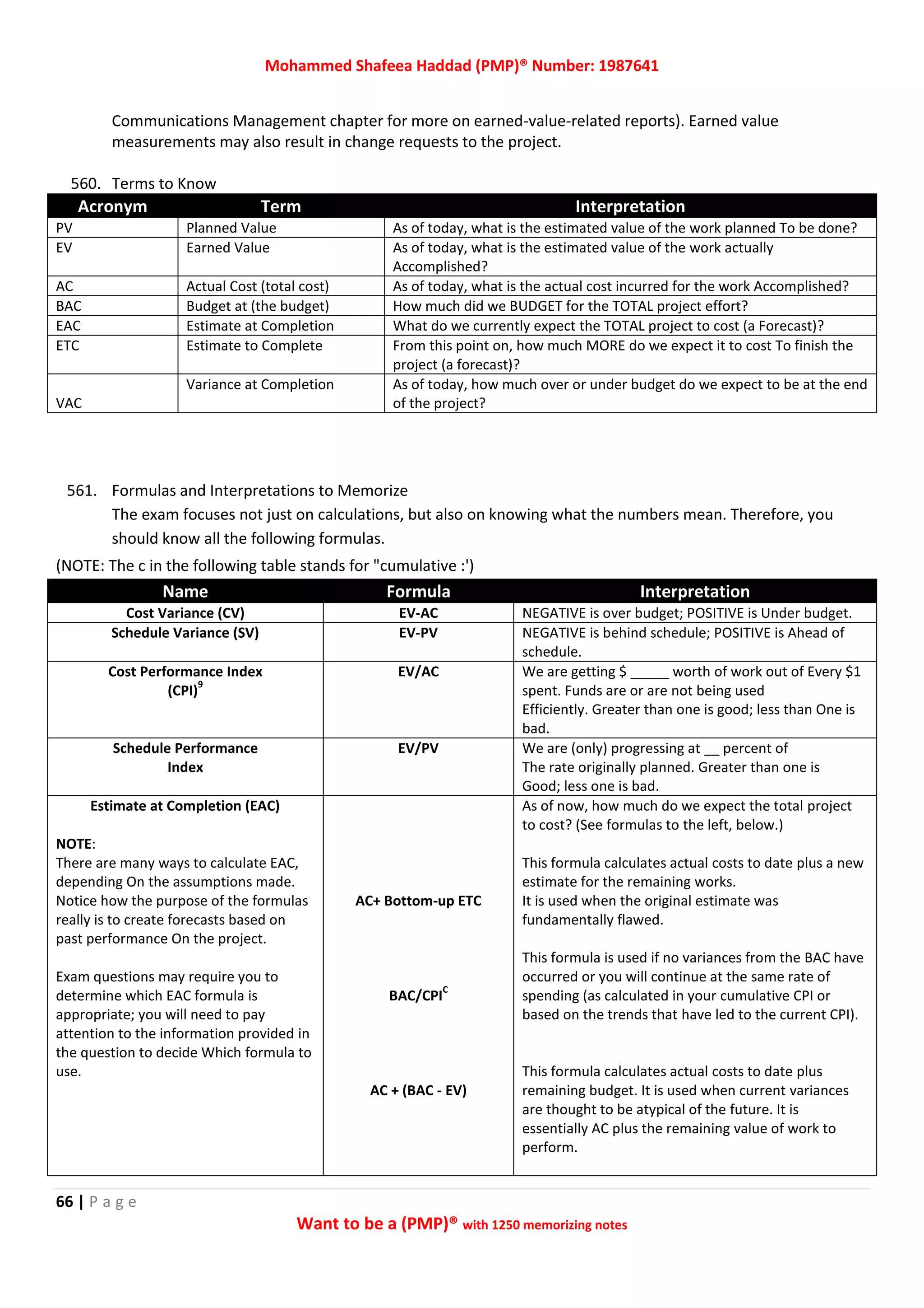 Mohammed Shafeea Haddad (PMP)® Number: 1987641
66 | P a g e
Want to be a (PMP)® with 1250 memorizing notes
Communications Management chapter for more on earned-value-related reports). Earned value
measurements may also result in change requests to the project.
560. Terms to Know
Acronym Term Interpretation
PV Planned Value As of today, what is the estimated value of the work planned To be done?
EV Earned Value As of today, what is the estimated value of the work actually
Accomplished?
AC Actual Cost (total cost) As of today, what is the actual cost incurred for the work Accomplished?
BAC Budget at (the budget) How much did we BUDGET for the TOTAL project effort?
EAC Estimate at Completion What do we currently expect the TOTAL project to cost (a Forecast)?
ETC Estimate to Complete From this point on, how much MORE do we expect it to cost To finish the
project (a forecast)?
VAC
Variance at Completion As of today, how much over or under budget do we expect to be at the end
of the project?
561. Formulas and Interpretations to Memorize
The exam focuses not just on calculations, but also on knowing what the numbers mean. Therefore, you
should know all the following formulas.
(NOTE: The c in the following table stands for "cumulative :')
Name Formula Interpretation
Cost Variance (CV) EV-AC NEGATIVE is over budget; POSITIVE is Under budget.
Schedule Variance (SV) EV-PV NEGATIVE is behind schedule; POSITIVE is Ahead of
schedule.
Cost Performance Index
(CPI)
9
EV/AC We are getting $ _____ worth of work out of Every $1
spent. Funds are or are not being used
Efficiently. Greater than one is good; less than One is
bad.
Schedule Performance
Index
EV/PV We are (only) progressing at __ percent of
The rate originally planned. Greater than one is
Good; less one is bad.
Estimate at Completion (EAC)
NOTE:
There are many ways to calculate EAC,
depending On the assumptions made.
Notice how the purpose of the formulas
really is to create forecasts based on
past performance On the project.
Exam questions may require you to
determine which EAC formula is
appropriate; you will need to pay
attention to the information provided in
the question to decide Which formula to
use.
AC+ Bottom-up ETC
BAC/CPI
C
AC + (BAC - EV)
As of now, how much do we expect the total project
to cost? (See formulas to the left, below.)
This formula calculates actual costs to date plus a new
estimate for the remaining works.
It is used when the original estimate was
fundamentally flawed.
This formula is used if no variances from the BAC have
occurred or you will continue at the same rate of
spending (as calculated in your cumulative CPI or
based on the trends that have led to the current CPI).
This formula calculates actual costs to date plus
remaining budget. It is used when current variances
are thought to be atypical of the future. It is
essentially AC plus the remaining value of work to
perform.
 