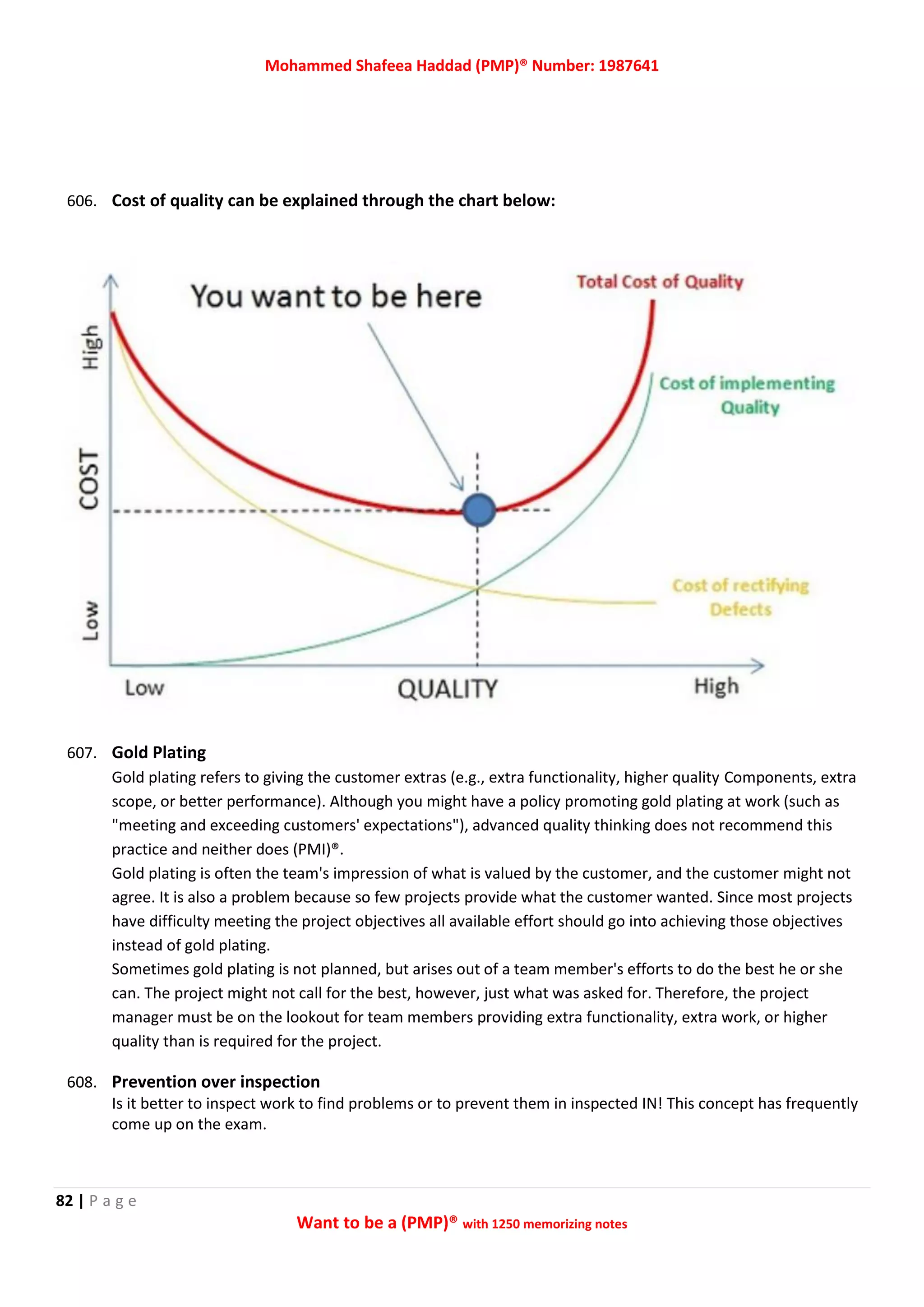 Mohammed Shafeea Haddad (PMP)® Number: 1987641
82 | P a g e
Want to be a (PMP)® with 1250 memorizing notes
606. Cost of quality can be explained through the chart below:
607. Gold Plating
Gold plating refers to giving the customer extras (e.g., extra functionality, higher quality Components, extra
scope, or better performance). Although you might have a policy promoting gold plating at work (such as
"meeting and exceeding customers' expectations"), advanced quality thinking does not recommend this
practice and neither does (PMI)®.
Gold plating is often the team's impression of what is valued by the customer, and the customer might not
agree. It is also a problem because so few projects provide what the customer wanted. Since most projects
have difficulty meeting the project objectives all available effort should go into achieving those objectives
instead of gold plating.
Sometimes gold plating is not planned, but arises out of a team member's efforts to do the best he or she
can. The project might not call for the best, however, just what was asked for. Therefore, the project
manager must be on the lookout for team members providing extra functionality, extra work, or higher
quality than is required for the project.
608. Prevention over inspection
Is it better to inspect work to find problems or to prevent them in inspected IN! This concept has frequently
come up on the exam.
 