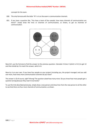 Mohammed Shafeea Haddad (PMP)® Number: 1987641
113 | P a g e
Want to be a (PMP)® with 1250 memorizing notes
concepts for the exam.
830. The only formula with the letter "N" in it on the exam is communication channels.
831. If you have a question like, "You have a team of four people; how many channels of communication are
there?" simply draw the lines or channels of communication, as shown, to get six channels of
communication.
Now let's use the formula to find the answer to the previous question. Calculate 4 times 3 (which is N-1) to get 12
and then divide by 2 to reach the answer, which is 6.
Now try it on your own. If you have four people on your project (including you, the project manager) and you add
one more, how many more communication channels do you have?
The answer is 10 of course, right? Wrong! The question asked how many more. Do you know how many people get a
question wrong because they read it incorrectly?
To use the trick described previously, simply draw a new person and draw lines from the new person to all the other
to see that there are four more channels of communication, as shown.
 