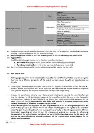 Mohammed Shafeea Haddad (PMP)® Number: 1987641
118 | P a g e
Want to be a (PMP)® with 1250 memorizing notes
Monitoring/Controlling Control Risks
Inputs
PM Plan
Risk Register
Work Performance Data
Work Performance Reports
Tools/Tech's
Risk Reassessment
Risk Audits
Variance and Trend Analysis
Technical Performance Measurement
Reserve Analysis
Meetings
Outputs
Work Performance Information
Changes Requests
PM Plan Updates
Project Document Updates
Organizational Process Assets Updates
845. The five Planning steps in Risk Management are, in order: Plan Risk Management, Identify Risks, Qualitative
Analysis, Quantitative Analysis, and Risk Response Planning.
846. Expect the phrases "sources of risk" and "risk categories" to be used interchangeably on the exam.
847. Types of Risk
In addition to risk categories, risks can be classified under two main types:
 Business risk of a gain or loss. These risks are applicable to response strategies.
 Pure (insurable) risk2 only a risk of loss (e.g., fire, theft, personal injury, etc.)
848. Pure risks have to be avoided by transfer response strategy like: massive fire, life, theft.
849. Risk Identification
 When you get a question about who should be involved in risk identification, the best answer is everyone!
Everyone has a different perspective of the project and can provide thoughts on opportunities and
threats.
 Smart project managers begin looking for risks as soon as a project is first discussed. In fact, the PMBOK ®
Guide 5th
edition lists high-level risks as an output of the creation of the project charter in integration
management. However, the major risk identification effort occurs during planning.
 Because risk identification primarily occurs during project initiating and planning, the exam has often said
that the major part of risk identification happens at the onset of the project. But keep in mind that smaller
numbers of risks may also be identified later in the project. Risks should be continually reassessed. For the
exam, understand that risk identification is done during such activities as integrated change control, when
working with resources, and when dealing with project issues.
 Notice that an updated risk register is the main output of several of the risk management processes (for
most of these processes, the PMBOK ® Guide 5th edition lists the updated risk register as the chief item
under ‘‘project documents updates ‘‘. read exam questions carefully, as the risk register contains different
information depending on when in the risk management process the question is referencing.
For example, if the project has just started and you are in the identify risks process, the risk register will
contain the identified risks and potential responses, not the response plans actually selected for the
project, which come later.
 