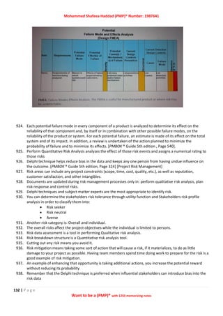 Mohammed Shafeea Haddad (PMP)® Number: 1987641
132 | P a g e
Want to be a (PMP)® with 1250 memorizing notes
924. Each potential failure mode in every component of a product is analyzed to determine its effect on the
reliability of that component and, by itself or in combination with other possible failure modes, on the
reliability of the product or system. For each potential failure, an estimate is made of its effect on the total
system and of its impact. In addition, a review is undertaken of the action planned to minimize the
probability of failure and to minimize its effects. [PMBOK ® Guide 5th edition , Page 540].
925. Perform Quantitative Risk Analysis analyzes the effect of those risk events and assigns a numerical rating to
those risks
926. Delphi technique helps reduce bias in the data and keeps any one person from having undue influence on
the outcome. [PMBOK ® Guide 5th edition, Page 324] [Project Risk Management]
927. Risk areas can include any project constraints (scope, time, cost, quality, etc.), as well as reputation,
customer satisfaction, and other intangibles.
928. Documents are updated during risk management processes only in: perform qualitative risk analysis, plan
risk response and control risks.
929. Delphi techniques and subject matter experts are the most appropriate to identify risk.
930. You can determine the stakeholders risk tolerance through utility function and Stakeholders risk profile
analysis in order to classify them into:
 Risk seeker
 Risk neutral
 Averse
931. Another risk category is: Overall and individual.
932. The overall risks affect the project objectives while the individual is limited to persons.
933. Risk data assessment is a tool in performing Qualitative risk analysis.
934. Risk breakdown structure is a Quantitative risk analysis tool.
935. Cutting out any risk means you avoid it.
936. Risk mitigation means taking some sort of action that will cause a risk, if it materializes, to do as little
damage to your project as possible. Having team members spend time doing work to prepare for the risk is a
good example of risk mitigation.
937. An example of enhancing that opportunity is taking additional actions, you increase the potential reward
without reducing its probability
938. Remember that the Delphi technique is preferred when influential stakeholders can introduce bias into the
risk data
 