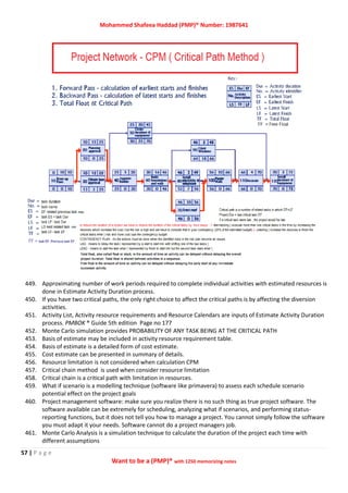 Mohammed Shafeea Haddad (PMP)® Number: 1987641
57 | P a g e
Want to be a (PMP)® with 1250 memorizing notes
449. Approximating number of work periods required to complete individual activities with estimated resources is
done in Estimate Activity Duration process.
450. If you have two critical paths, the only right choice to affect the critical paths is by affecting the diversion
activities.
451. Activity List, Activity resource requirements and Resource Calendars are inputs of Estimate Activity Duration
process. PMBOK ® Guide 5th edition Page no 177
452. Monte Carlo simulation provides PROBABILITY OF ANY TASK BEING AT THE CRITICAL PATH
453. Basis of estimate may be included in activity resource requirement table.
454. Basis of estimate is a detailed form of cost estimate.
455. Cost estimate can be presented in summary of details.
456. Resource limitation is not considered when calculation CPM
457. Critical chain method is used when consider resource limitation
458. Critical chain is a critical path with limitation in resources.
459. What if scenario is a modelling technique (software like primavera) to assess each schedule scenario
potential effect on the project goals
460. Project management software: make sure you realize there is no such thing as true project software. The
software available can be extremely for scheduling, analyzing what if scenarios, and performing status-
reporting functions, but it does not tell you how to manage a project. You cannot simply follow the software
you must adapt it your needs. Software cannot do a project managers job.
461. Monte Carlo Analysis is a simulation technique to calculate the duration of the project each time with
different assumptions
 