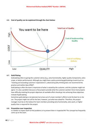 Mohammed Shafeea Haddad (PMP)® Number: 1987641
82 | P a g e
Want to be a (PMP)® with 1250 memorizing notes
606. Cost of quality can be explained through the chart below:
607. Gold Plating
Gold plating refers to giving the customer extras (e.g., extra functionality, higher quality Components, extra
scope, or better performance). Although you might have a policy promoting gold plating at work (such as
"meeting and exceeding customers' expectations"), advanced quality thinking does not recommend this
practice and neither does (PMI)®.
Gold plating is often the team's impression of what is valued by the customer, and the customer might not
agree. It is also a problem because so few projects provide what the customer wanted. Since most projects
have difficulty meeting the project objectives all available effort should go into achieving those objectives
instead of gold plating.
Sometimes gold plating is not planned, but arises out of a team member's efforts to do the best he or she
can. The project might not call for the best, however, just what was asked for. Therefore, the project
manager must be on the lookout for team members providing extra functionality, extra work, or higher
quality than is required for the project.
608. Prevention over inspection
Is it better to inspect work to find problems or to prevent them in inspected IN! This concept has frequently
come up on the exam.
 