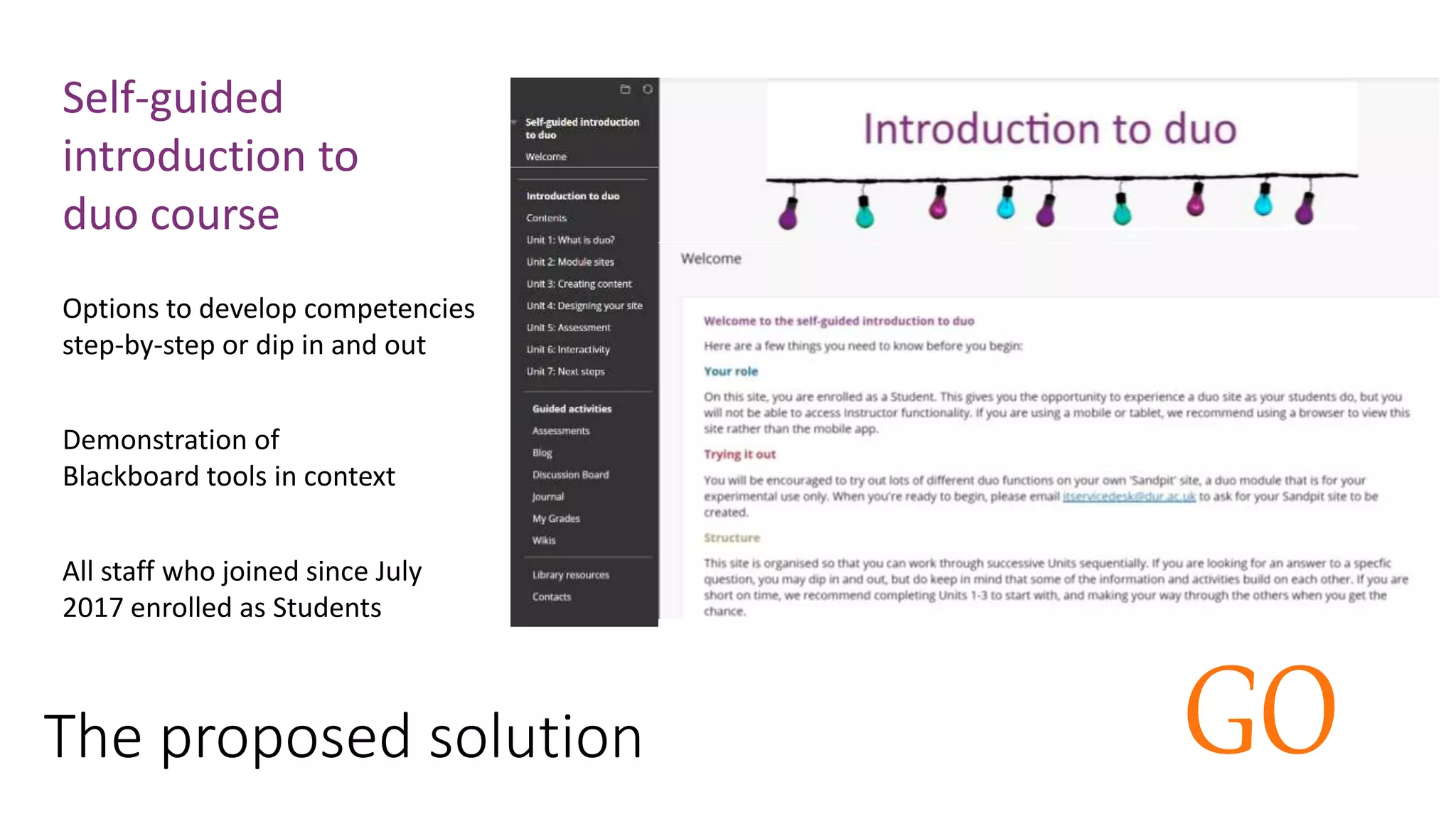 The proposed solution
Self-guided
introduction to
duo course
GO
Options to develop competencies
step-by-step or dip in and out
Demonstration of
Blackboard tools in context
All staff who joined since July
2017 enrolled as Students
 