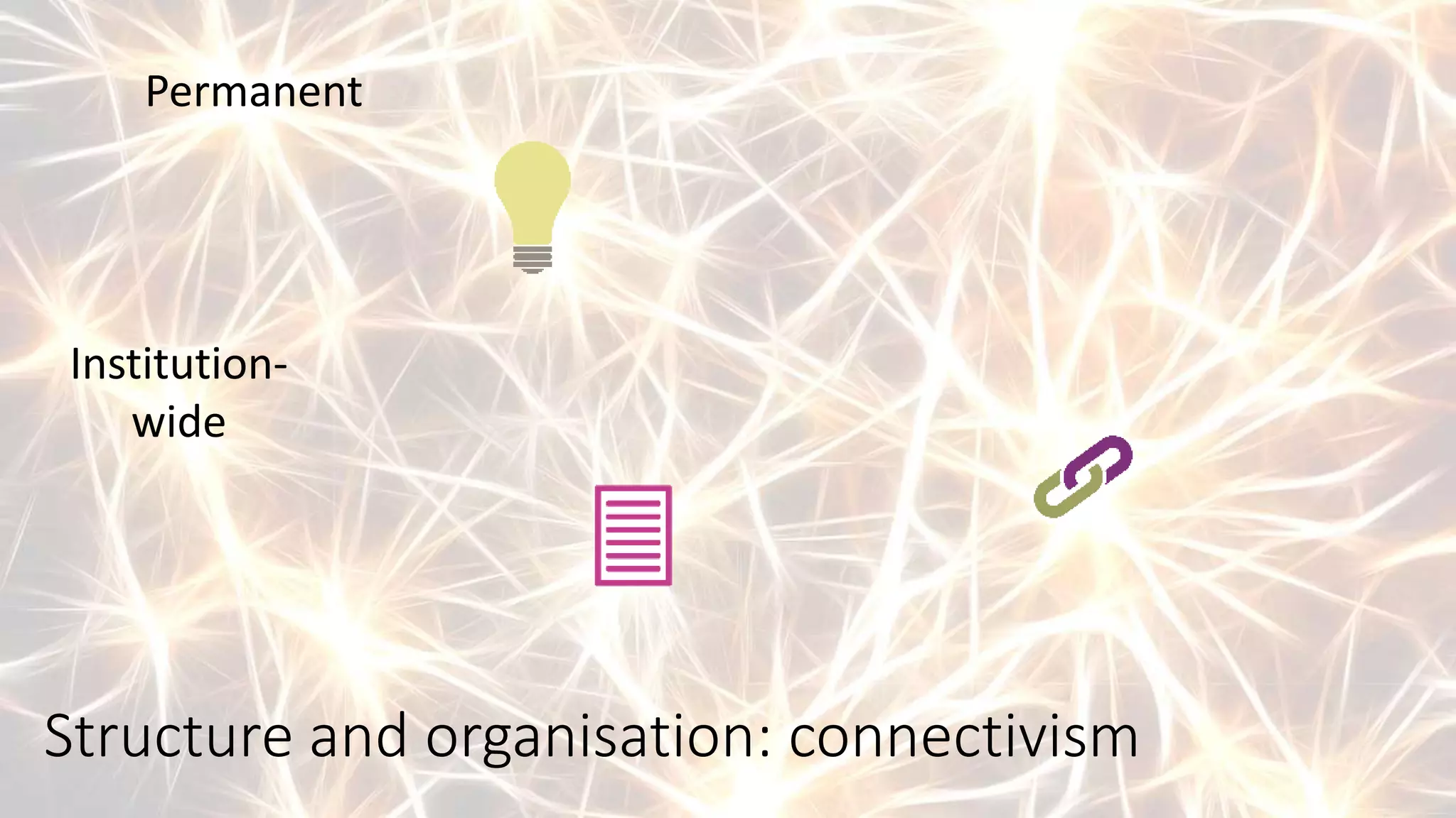 Structure and organisation: connectivism
Permanent
Institution-
wide
 