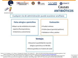 Causas
Cualquier vía de administración puede ocasionar anafilaxia
Falsa alergia a penicilina
•Mayor uso de antibióticos de amplio
espectro (fluoroquinolonas,
clindamicina y vancomicina)
Evaluación
Pruebas cutáneas•
PrePen• (bencil peniciloil-polilisina)
Validada en niños y adultos•
Ventajas
•Descartan la posibilidad de reacción
alérgica a penicilina en el 90-95%
•Ahorros grandes en el sistema de salud
ANTIBIÓTICOS
Simons, F. E. R., Ardusso, L. R. F., Dimov, V., Ebisawa, M., El-Gamal, Y. M., Lockey, R. F., … Worm, M. (2013). World allergy organization anaphylaxis guidelines: 2013
update of the evidence base. International Archives of Allergy and Immunology, 162(3), 193–204. https://doi.org/10.1159/000354543
Simons, F. E. R., Ardusso, L. R. F., Bilò, M. B., El-Gamal, Y. M., Ledford, D. K., Ring, J., … World Allergy Organization, for the W. A. (2011). World allergy organization
guidelines for the assessment and management of anaphylaxis. World Allergy Organ J, 4(2), 13–37. https://doi.org/10.1097/WOX.0b013e318211496c
Dra. Santoyo
CRAIC Mty
 