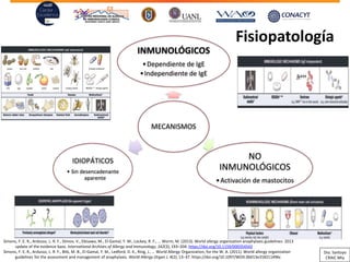 Fisiopatología
MECANISMOS
INMUNOLÓGICOS
•Dependiente de IgE
•Independiente de IgE
NO
INMUNOLÓGICOS
•Activación de mastocitos
IDIOPÁTICOS
Sin desencadenante•
aparente
Simons, F. E. R., Ardusso, L. R. F., Dimov, V., Ebisawa, M., El-Gamal, Y. M., Lockey, R. F., … Worm, M. (2013). World allergy organization anaphylaxis guidelines: 2013
update of the evidence base. International Archives of Allergy and Immunology, 162(3), 193–204. https://doi.org/10.1159/000354543
Simons, F. E. R., Ardusso, L. R. F., Bilò, M. B., El-Gamal, Y. M., Ledford, D. K., Ring, J., … World Allergy Organization, for the W. A. (2011). World allergy organization
guidelines for the assessment and management of anaphylaxis. World Allergy Organ J, 4(2), 13–37. https://doi.org/10.1097/WOX.0b013e318211496c
Dra. Santoyo
CRAIC Mty
 