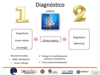 Diagnóstico
Sospecharla
Causa- efecto
Cronología
Clínica atípica
Diagnóstico
diferencial
CLÍNICO
✓ Síncope sin manifestaciones
cutáneas o respiratorias
✓ Crisis comicial (sedestación)
Reacciones tardías:
AINES: Metabolitos•
Carnes: Alfa• -gal
Dra. Santoyo
CRAIC Mty
 