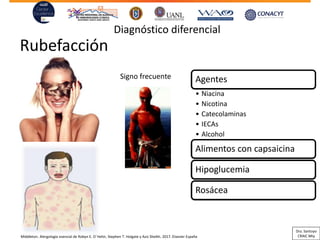Rubefacción
Agentes
• Niacina
• Nicotina
• Catecolaminas
• IECAs
• Alcohol
Alimentos con capsaicina
Hipoglucemia
Rosácea
Diagnóstico diferencial
Middleton. Alergología esencial de Robyn E. O´Hehir, Stephen T. Holgate y Aziz Sheikh. 2017. Elsevier España
Signo frecuente
Dra. Santoyo
CRAIC Mty
 