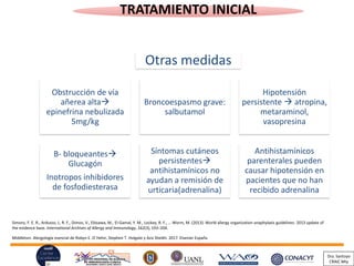 TRATAMIENTO INICIAL
Simons, F. E. R., Ardusso, L. R. F., Dimov, V., Ebisawa, M., El-Gamal, Y. M., Lockey, R. F., … Worm, M. (2013). World allergy organization anaphylaxis guidelines: 2013 update of
the evidence base. International Archives of Allergy and Immunology, 162(3), 193–204.
Obstrucción de vía
añerea alta→
epinefrina nebulizada
5mg/kg
Broncoespasmo grave:
salbutamol
Hipotensión
persistente → atropina,
metaraminol,
vasopresina
B- bloqueantes→
Glucagón
Inotropos inhibidores
de fosfodiesterasa
Síntomas cutáneos
persistentes→
antihistamínicos no
ayudan a remisión de
urticaria(adrenalina)
Antihistamínicos
parenterales pueden
causar hipotensión en
pacientes que no han
recibido adrenalina
Middleton. Alergología esencial de Robyn E. O´Hehir, Stephen T. Holgate y Aziz Sheikh. 2017. Elsevier España
Otras medidas
Dra. Santoyo
CRAIC Mty
 