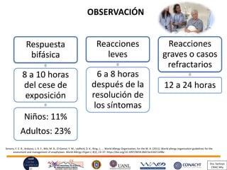 Respuesta
bifásica
8 a 10 horas
del cese de
exposición
Niños: 11%
Adultos: 23%
Reacciones
leves
6 a 8 horas
después de la
resolución de
los síntomas
Reacciones
graves o casos
refractarios
12 a 24 horas
OBSERVACIÓN
Simons, F. E. R., Ardusso, L. R. F., Bilò, M. B., El-Gamal, Y. M., Ledford, D. K., Ring, J., … World Allergy Organization, for the W. A. (2011). World allergy organization guidelines for the
assessment and management of anaphylaxis. World Allergy Organ J, 4(2), 13–37. https://doi.org/10.1097/WOX.0b013e318211496c
Dra. Santoyo
CRAIC Mty
 