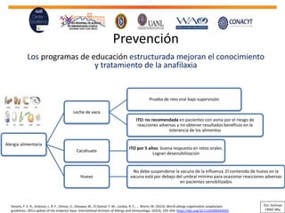 Prevención
Los programas de educación estructurada mejoran el conocimiento
y tratamiento de la anafilaxia
Alergia alimentaria
Leche de vaca
Prueba de reto oral bajo supervisión
ITO: no recomendada en pacientes con asma por el riesgo de
reacciones adversas y no obtener resultados benéficos en la
tolerancia de los alimentos
Cacahuate
ITO por 5 años: buena respuesta en retos orales.
Logran desensibilización
Huevo
No debe suspenderse la vacuna de la influenza. El contenido de huevo en la
vacuna está por debajo del umbral mínimo para ocasionar reacciones adversas
en pacientes sensibilizados
Simons, F. E. R., Ardusso, L. R. F., Dimov, V., Ebisawa, M., El-Gamal, Y. M., Lockey, R. F., … Worm, M. (2013). World allergy organization anaphylaxis
guidelines: 2013 update of the evidence base. International Archives of Allergy and Immunology, 162(3), 193–204. https://doi.org/10.1159/000354543
Dra. Santoyo
CRAIC Mty
 