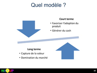 Quel modèle ?
39
Court terme
• Favoriser l’adoption du
produit
• Générer du cash
Long terme
• Capture de la valeur
• Domination du marché
 