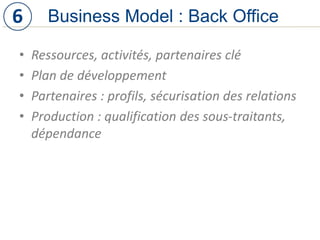 • Ressources, activités, partenaires clé
• Plan de développement
• Partenaires : profils, sécurisation des relations
• Production : qualification des sous-traitants,
dépendance
Business Model : Back Office6
 
