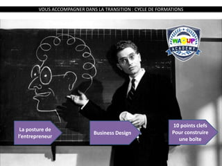 VOUS ACCOMPAGNER DANS LA TRANSITION : CYCLE DE FORMATIONS
Business Design
La posture de
l’entrepreneur
10 points clefs
Pour construire
une boîte
 