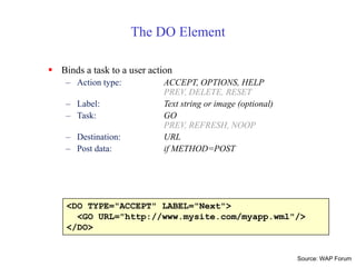 <DO TYPE="ACCEPT" LABEL="Next">
<GO URL="http://www.mysite.com/myapp.wml"/>
</DO>
The DO Element
 Binds a task to a user action
– Action type: ACCEPT, OPTIONS, HELP
PREV, DELETE, RESET
– Label: Text string or image (optional)
– Task: GO
PREV, REFRESH, NOOP
– Destination: URL
– Post data: if METHOD=POST
Source: WAP Forum
 