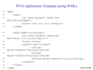WTAApplication: Example (using WML)
 <WML>
 <CARD>
 <DO TYPE="ACCEPT" TASK="GO"
URL="#voteChamp"/>
 Please vote for your champion!
 </CARD>
 <CARD NAME="voteChamp">
 <DO TYPE="ACCEPT" TASK="GO"
URL="wtai://cc/sc;$voteNo;1"/>
 Please choose:
 <SELECT KEY="voteNo">
 <OPTION
VALUE="6086415">Mickey</OPTION>
 <OPTION
VALUE="6086416">Donald</OPTION>
 <OPTION VALUE="6086417">Pluto</OPTION>
 </SELECT>
 </CARD>
 </WML> Source: Schiller
 