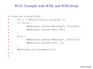 WTA: Example with WML and WMLScript
 function voteCall(Nr) {
 var j = WTACallControl.setup(Nr,1);
 if (j>=0) {
 WMLBrowser.setVar("Message", "Called");
 WMLBrowser.setVar("No", Nr);
 }
 else {
 WMLBrowser.setVar("Message", "Error!");
 WMLBrowser.setVar("No", j);
 }
 WMLBrowser.go("showResult");
 }

Source: Schiller
 
