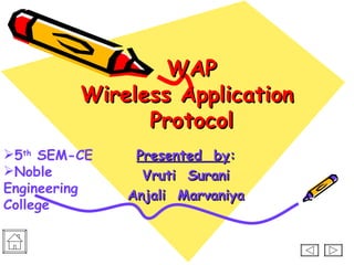 WAP
         Wireless Application
               Protocol
5th SEM-CE    Presented by:
Noble          Vruti Surani
Engineering   Anjali Marvaniya
College
 