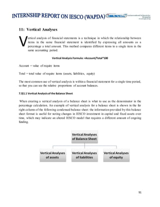 91
11: Vertical Analyses
ertical analysis of financial statements is a technique in which the relationship between
items in the same financial statement is identified by expressing all amounts as a
percentage a total amount. This method compares different items to a single item in the
same accounting period.
Vertical Analysis Formula: =Account/Total*100
Account = value of require items
Total = total value of require items (assets, liabilities, equity)
The most common use of vertical analysis is within a financial statement for a single time period,
so that you can see the relative proportions of account balances.
7.3)1.1 Vertical Analysisof the Balance Sheet
When creating a vertical analysis of a balance sheet is what to use as the denominator in the
percentage calculation. An example of vertical analysis for a balance sheet is shown in the far
right column of the following condensed balance sheet: the information provided by this balance
sheet format is useful for noting changes in IESCO investment in capital and fixed assets over
time, which may indicate an altered IESCO model that requires a different amount of ongoing
funding.
V
 