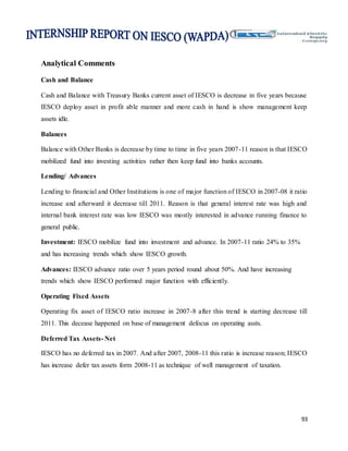 93
Analytical Comments
Cash and Balance
Cash and Balance with Treasury Banks current asset of IESCO is decrease in five years because
IESCO deploy asset in profit able manner and more cash in hand is show management keep
assets idle.
Balances
Balance with Other Banks is decrease by time to time in five years 2007-11 reason is that IESCO
mobilized fund into investing activities rather then keep fund into banks accounts.
Lending/ Advances
Lending to financial and Other Institutions is one of major function of IESCO in 2007-08 it ratio
increase and afterward it decrease till 2011. Reason is that general interest rate was high and
internal bank interest rate was low IESCO was mostly interested in advance running finance to
general public.
Investment: IESCO mobilize fund into investment and advance. In 2007-11 ratio 24% to 35%
and has increasing trends which show IESCO growth.
Advances: IESCO advance ratio over 5 years period round about 50%. And have increasing
trends which show IESCO performed major function with efficiently.
Operating Fixed Assets
Operating fix asset of IESCO ratio increase in 2007-8 after this trend is starting decrease till
2011. This decease happened on base of management defocus on operating assts.
Deferred Tax Assets- Net
IESCO has no deferred tax in 2007. And after 2007, 2008-11 this ratio is increase reason; IESCO
has increase defer tax assets form 2008-11 as technique of well management of taxation.
 
