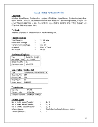 10
RASUL HYDEL POWER STATION
Location
It is first Hydel Power Station after creation of Pakistan. Hydel Power Station is situated on
upper Jhelum Canal (UJC) 80 km downstream from its source i-e New Borg Escape ,Mangla. The
power house is operated as base-load and it is connected to National Grid System through 132
KV and 66 KV transmission lines.
Project.
The cost of project is 20.33 Millions.It was funded by N.A.
Specifications
Total Capacity = 11 X 2 MW
Generation Voltage = 11 KV
Transformation Voltage = 132 KV
Reservoir = River of Canal
Installation = in 1952
Turbine (Kaplan)
Type Kaplan Boving UK
Discharge / unit 1812 cusecs
Rated Head(ft) 85
Commissioning July-1952
Generator (Umbrella)
Type Umbrella/British Thomson UK
Output(MVA) 12.5
Output(P.F) 0.88
Output(KV) 11
Rated Speed 214 RPM
Transformer
Capacity 2*12.5
Voltage ratio 11/66 KV
Transmission line 132 KV/2; 66 KV/2
Switch yard
No. of 11 KV feeder/breaker = 2 / 4
No. of 66 KV feeder/breaker = 2 / 3
No. of 132 KV feeder/breaker = 2 / 3
Scheme Layout = Single Bus bar/ single breaker system
Tunnels/penstock = 2
 